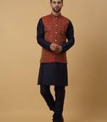 Men's navy blue kurta and churidar with jacquard ethnic motifs printed nehru jacket