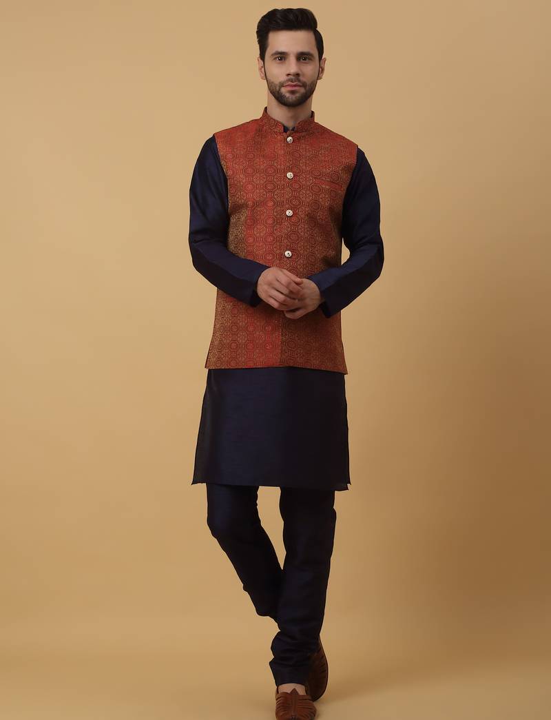 Men's navy blue kurta and churidar with jacquard ethnic motifs printed nehru jacket