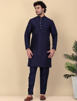 Men silk blend navy blue kurta and churidar with embroidered nehru jacket 5