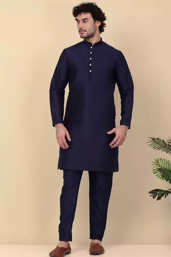 Men silk blend navy blue kurta and churidar with embroidered nehru jacket