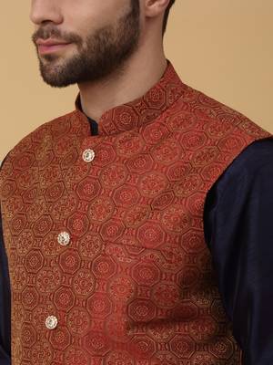 Men's navy blue kurta and churidar with jacquard ethnic motifs printed nehru jacket 2