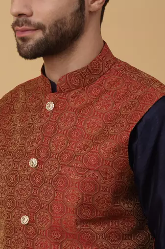 Men's navy blue kurta and churidar with jacquard ethnic motifs printed nehru jacket
