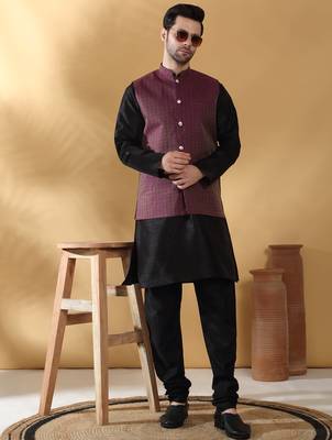 Silk blend black kurta and churidar with jacquard geometric purple nehru jacket 1