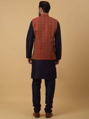 Men's navy blue kurta and churidar with jacquard ethnic motifs printed nehru jacket 3