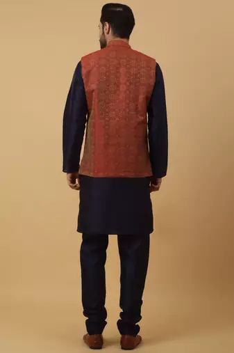 Men's navy blue kurta and churidar with jacquard ethnic motifs printed nehru jacket