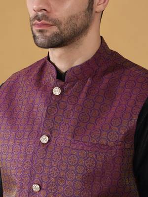 Silk blend black kurta and churidar with jacquard geometric purple nehru jacket 2