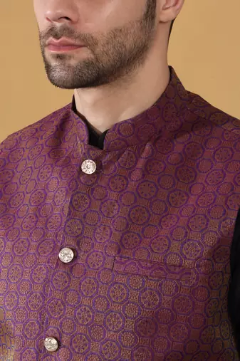 Silk blend black kurta and churidar with jacquard geometric purple nehru jacket