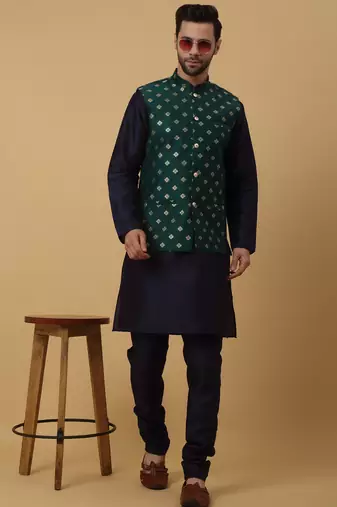 Men's navy blue kurta and churidar with jacquard ethnic nehru jacket