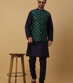 Men's navy blue kurta and churidar with jacquard ethnic nehru jacket