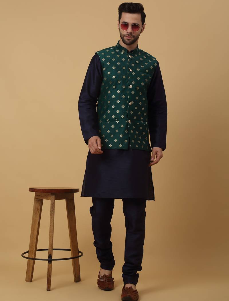 Men's navy blue kurta and churidar with jacquard ethnic nehru jacket