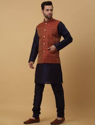 Men's navy blue kurta and churidar with jacquard ethnic motifs printed nehru jacket 4