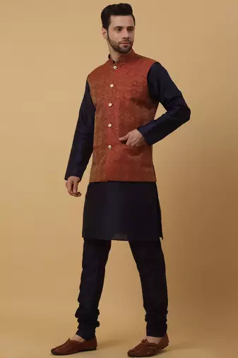 Men's navy blue kurta and churidar with jacquard ethnic motifs printed nehru jacket