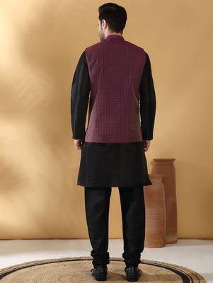 Silk blend black kurta and churidar with jacquard geometric purple nehru jacket 3