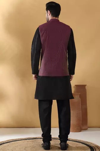 Silk blend black kurta and churidar with jacquard geometric purple nehru jacket
