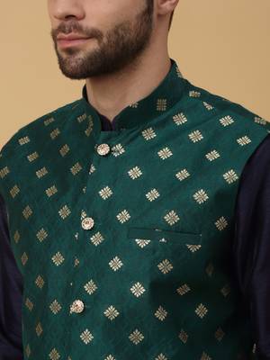 Men's navy blue kurta and churidar with jacquard ethnic nehru jacket 2