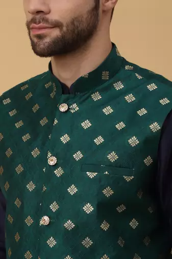 Men's navy blue kurta and churidar with jacquard ethnic nehru jacket