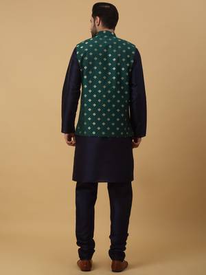 Men's navy blue kurta and churidar with jacquard ethnic nehru jacket 3