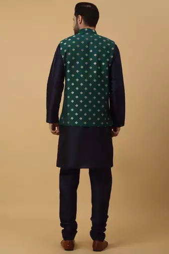Men's navy blue kurta and churidar with jacquard ethnic nehru jacket
