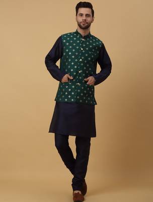 Men's navy blue kurta and churidar with jacquard ethnic nehru jacket 4
