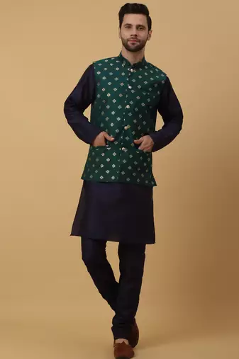 Men's navy blue kurta and churidar with jacquard ethnic nehru jacket
