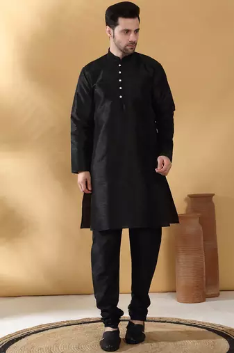 Silk blend black kurta and churidar with jacquard geometric purple nehru jacket