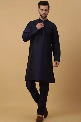 Men's navy blue kurta and churidar with jacquard ethnic nehru jacket