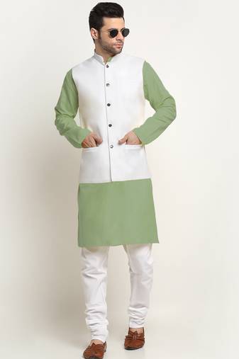 Cotton green kurta and pyjama with twill white nehru jacket