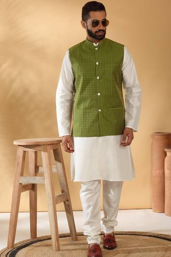 Silk blend cream kurta and churidar with jacquard geometric green nehru jacket
