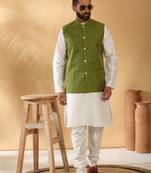Silk blend cream kurta and churidar with jacquard geometric green nehru jacket