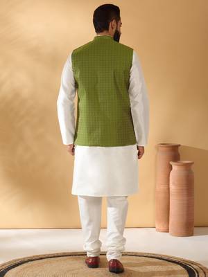 Silk blend cream kurta and churidar with jacquard geometric green nehru jacket 3