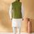 Silk blend cream kurta and churidar with jacquard geometric green nehru jacket