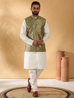 Silk bleand cream kurta churidar with abstract printed green nehru jacket 1