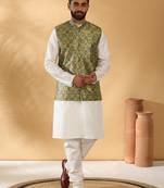 Silk bleand cream kurta churidar with abstract printed green nehru jacket