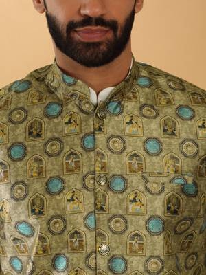 Silk bleand cream kurta churidar with abstract printed green nehru jacket 2