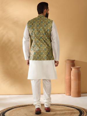Silk bleand cream kurta churidar with abstract printed green nehru jacket 3