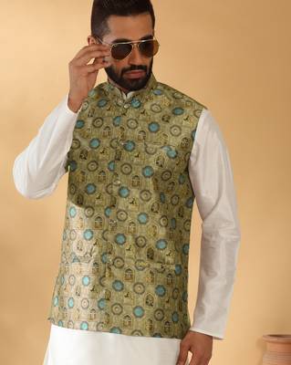 Silk bleand cream kurta churidar with abstract printed green nehru jacket 4