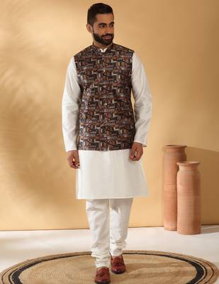 Silk bleand cream kurta churidar with abstract printed black nehru jacket 1