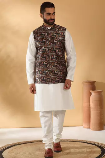 Silk bleand cream kurta churidar with abstract printed black nehru jacket