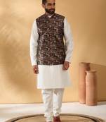 Silk bleand cream kurta churidar with abstract printed black nehru jacket