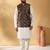 Silk bleand cream kurta churidar with abstract printed black nehru jacket