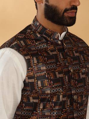 Silk bleand cream kurta churidar with abstract printed black nehru jacket 2