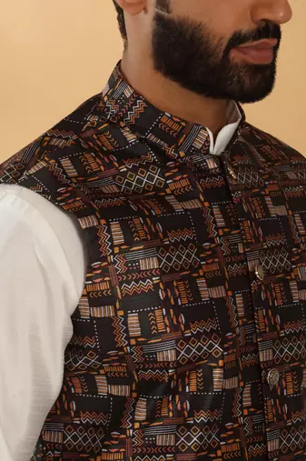 Silk bleand cream kurta churidar with abstract printed black nehru jacket