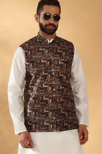 Silk bleand cream kurta churidar with abstract printed black nehru jacket