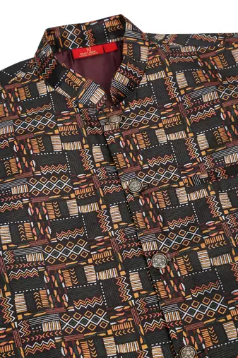 Silk bleand cream kurta churidar with abstract printed black nehru jacket