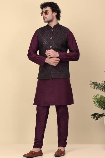 Men silk blend navy purple kurta and churidar with embroidered nehru jacket