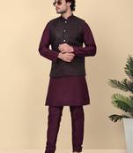 Men silk blend navy purple kurta and churidar with embroidered nehru jacket