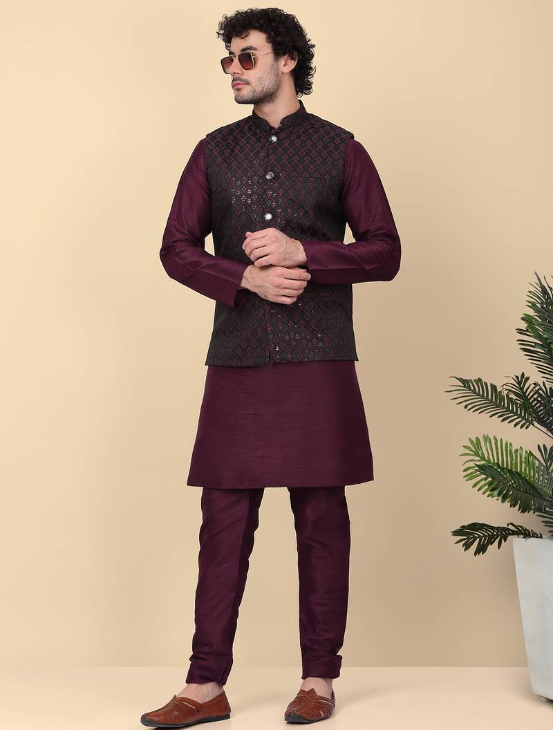 Men silk blend navy purple kurta and churidar with embroidered nehru jacket