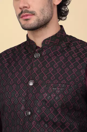 Men silk blend navy purple kurta and churidar with embroidered nehru jacket