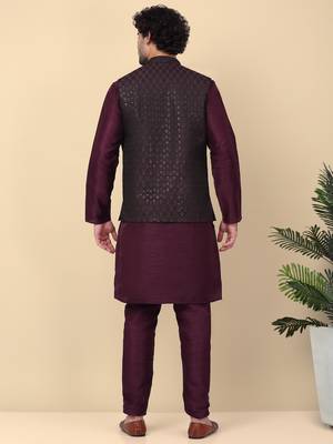 Men silk blend navy purple kurta and churidar with embroidered nehru jacket 3