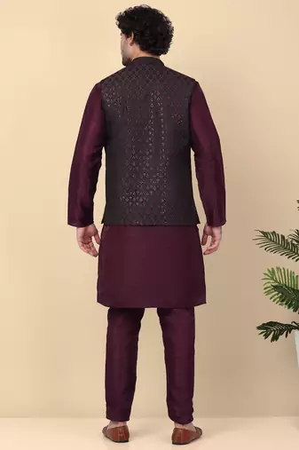 Men silk blend navy purple kurta and churidar with embroidered nehru jacket